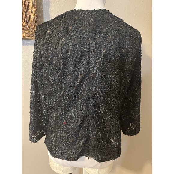 Helene Blake Sequin Faux Wrap Evening Blouse Women 14 Lace Sleeve V Neck Black - Picture 6 of 8